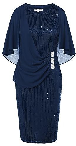 Hanna Nikole Damen Hochzeitskleider für Gäste Glitzer Reißverschluss Chiffon Schal Figur Betont Festtagskleid Navy Blau L