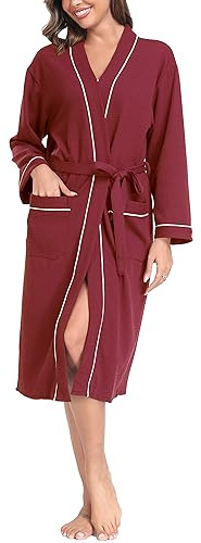 Sopesil Women Waffle Dressing Gowns, Cotton Kimono Robes Soft Luxury Bathrobe Loungewear Sleepwear Spa and Hotel for All Year A-Red,S