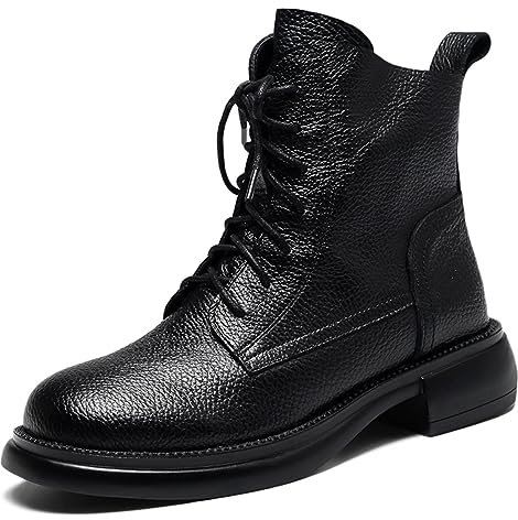 Optigard Damen Leder Schnürstiefeletten mit seitlichem Reißverschluss Bequeme Runde Zehen Plateau Niedriger Blockabsatz Booties Combat Ankle Boots, Schwarz, 37 EU
