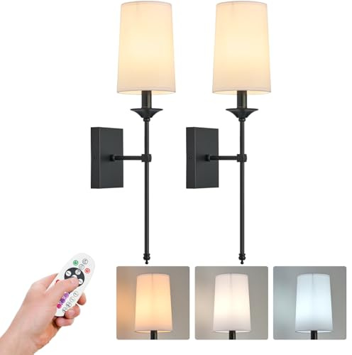 TERLEENART Battery Operated Wall Light Set of 2, Wireless Wall Light with Remote Control,Black Rechargeable Dimmable Cordless Lamp for Living Room Bedroom Bedside Reading