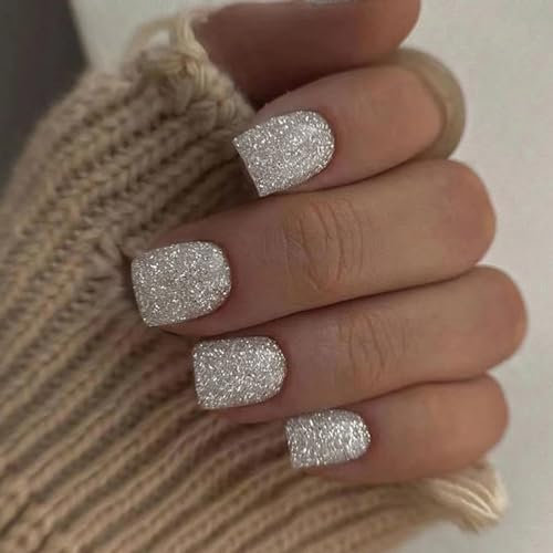 24 Pièces Faux Ongles Court Carrés Français Ongles à Coller Argent Brillant Acrylique Bâton sur Ongles Artificiel Press on Nails Reutilisable pour Femmes et Filles DIY Manucure Salon