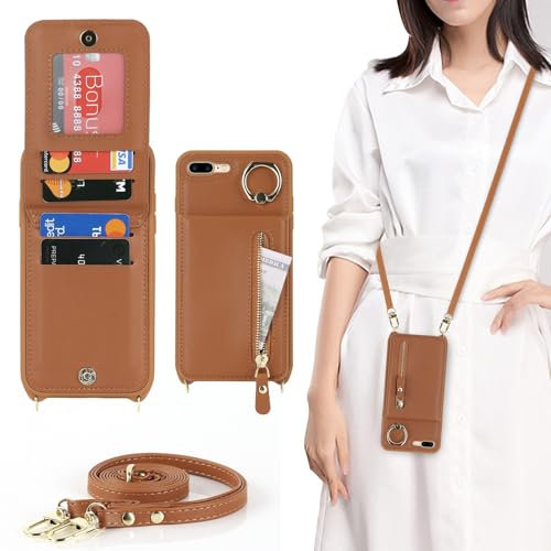 Zouzt for iPhone 7 Plus/iPhone 8 Plus 5.5 Inch Case with Cord and Card Holde, Zipper Wallet Case with Crossbody Lanyard Ring Adjustable Necklace Protective Cover Women - Brown