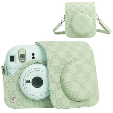 HIYQIN - Funda para Cámara Compatible con Cámara Instantánea Fujifilm Instax Mini 12, Estilo Tablero de Ajedrez, Bolsa de Transporte para Polaroid Instax Mini 12 con Correa - Verde Menta