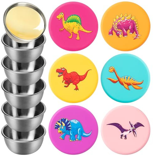 EFenegabos 12PCS Small Food Containers With Dinosaur Lids Mini Food Storage Containers Reusable Metal Stainless Steel Containers for Sauces Leakproof & Reusable Sauce Containers for Snacks Lunch Box