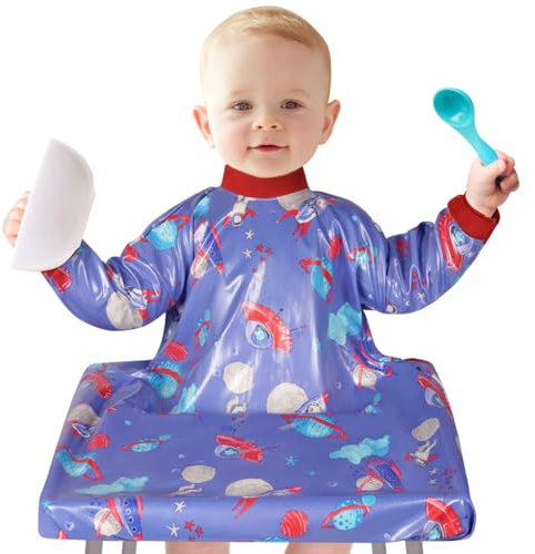 Vicloon Lätzchen mit Ärmeln Baby Ärmellätzchen Befestigt Sich an Ihrem Hochstuhl, Verdicken Baby Lätzchen mit Ärmeln Wasserdicht für Jungen Mädchen Kleinkind Fütterung Lätzchen Schürze（Blau）