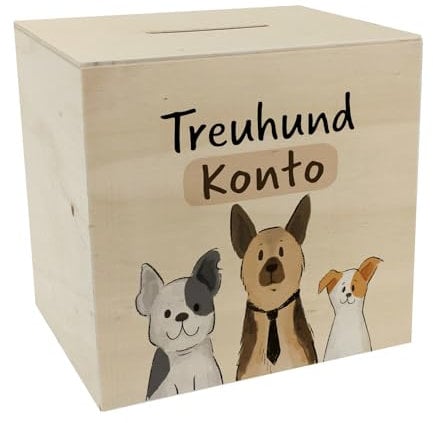 Hunde Spardose aus Holz mit Spruch Treuhundkonto Schäferhund Frenchie Design Ideal für Terrier Fans Hundemenschen sparen Sparfuchs
