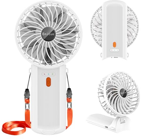 Portable Fan Handheld Fan with Neck Lanyard, Battery Operated Electric Powered USB Rechargeable Fans, 6-15H Cooling, 180° Foldable with 4 Quiet Speeds Mini Fans for Travel Outdoor Home Office, White