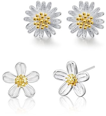 LEEQ 2 Paar Ohrringe Blumen Silber 925 für Mädchen - Hypoallergen Gänseblümchen Ohrstecker Kleine Sonnenblume Ohrring, Niedliche Mode Ohrschmuck für Frauen Kinder