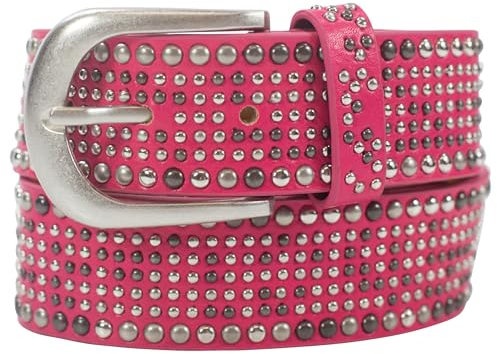Damengürtel mit Nieten, Strass-Nieten-Besatz, Synthetikgürtel im Vintage-Style, Breite ca. 3,8 cm (Pink; BW95cm - Gesamtlänge 110cm)