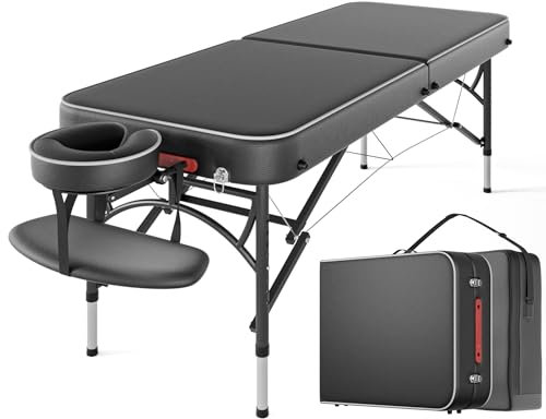 CLORIS Professioneller Massageliege, tragbar, verstärktes Aluminium-Bein, hält bis zu 500 kg, 2 zusammenklappbar, leicht, Spa-Salon, Tattoo-Massagebett, höhenverstellbar, mit Tragetasche, Schwarz
