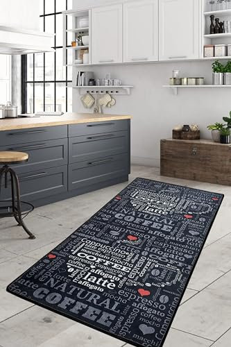 miqna Teppich Moderner Küchenteppich Gel Läufer Küchenläufer Grau Weiß Schwarz mit rutschfestem Bodenmuster mit Schriftzug Coffee Macchiato (Schwarz, 100 x 200 cm)