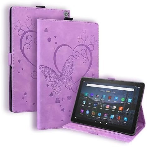 Beajew Kompatibel mit Amazon Fire HD 10 2021/HD 10 2023 Generation Hülle Geprägter Schmetterling PU Leder Case Brieftasche Stifthalter Tablet Schutzhülle für Amazon Fire HD 10 2021/HD 10 2023 - Lila