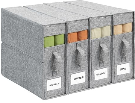 Set of 4 storage boxes for sheets (king and queen size) with handle, foldable closet sheet organizer, sheet organizer for blanket, bedspread and towel, grey