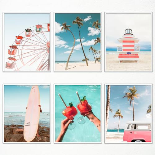 6 Stück Strand-Leinwand-Kunst, tropische Palme, Sommerküsten-Poster, bunte Strandbilder, Mädchen, nautisches Surfbrett, Bus, Strand, Vibe, Kunst, Kalifornien, Strandbilder, 20,3 x 25,4 cm, ungerahmt