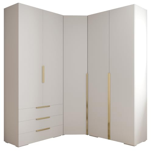 MEBLE KRYSPOL Inova 1 Möbelset - Moderne Garderobe - für Schlafzimmer, Wohnzimmer, Flur, Kinderzimmer - Ankleidemöbel - 236,7x281,7x47cm - Weiß, Handgriff Gold