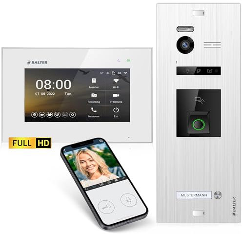 Balter EVO-HD Video Türsprechanlage mit Fingerprint, Video Türklingel, Smartphone App,1 Familienhaus, 1x 7 Zoll Monitore, Türklingel mit Kamera Full HD, 2 Draht Bus, 175° Weitwinkel, RFID,1080P