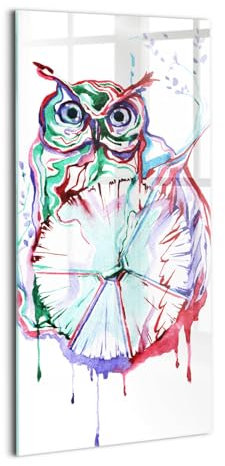 Wallfluent Glasbild Mit Motiv Gehärtetes Glas Bild Dicke 4mm 70x140cm Wanddekoration Für die Küche Badezimmer und Schlafzimmer Wandbild - Illustration von Eulen und Uhr