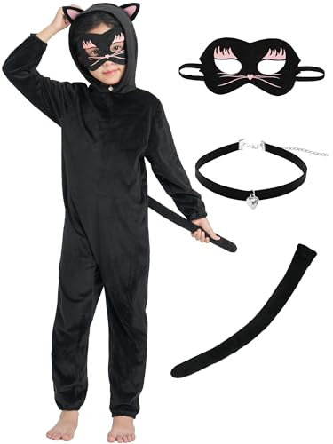 IKALI Costume da gatto nero 3 pezzi tuta con cappuccio Fancy Dress Up outfit ragazzi ragazze gioco di ruolo per Halloween Carnevale Party 4-6 anni