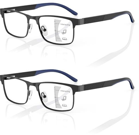Amorays 2 Pack Gleitsichtbrille Progressive Multifokus Lesebrille Herren Metall Anti-Blaulicht Lesebrillen mit Federscharniere 8003(Schwarz&Schwarz,+1.50