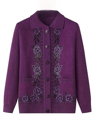 BNTCTC Cardigan Lavorato a Maglia per Mezza età E Anziani, Top Casual da Vecchia Signora con Tasche, Cardigan Ricamato da Nonna, Maglione Caldo Primaverile E Autunnale da Mamma, Viola M