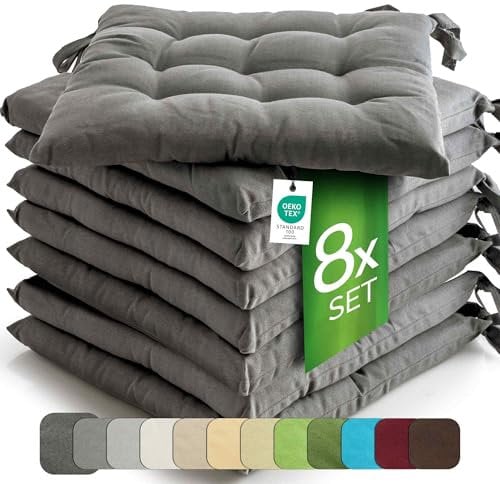 etérea 8er Set Sitzkissen Outdoor 40x40 mit Bändern - Stuhlkissen Anthrazit für Gartenstuhl & Innenbereich - waschbare Sitzauflagen Gartenmöbel - 8 Stück Kissen 40x40 cm - Anthrazit