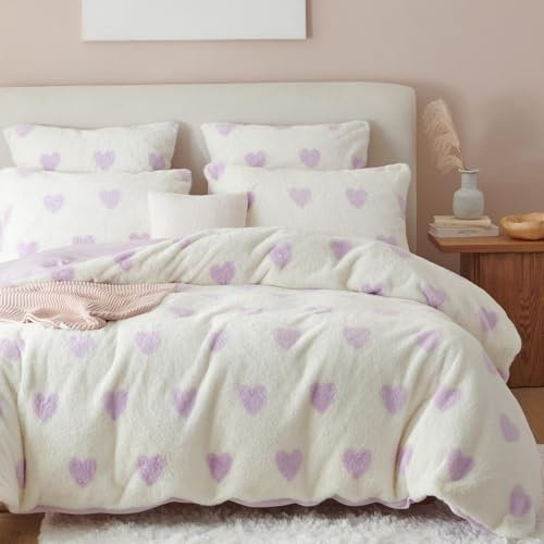 Freyamy Plüsch Bettwäsche Set 135x200 4Teilig Violett Weiß Herz Liebe Kunstpelz Flauschig Winterbettwäsche Flanell Samt Biber Warm Deckenbezug 2 Bettbezug mit Reißverschluss und 2 Kissenbezug 80x80cm