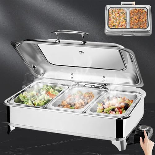 Aocay Chafing Dish Buffet Electrico Temperatura Regulable(A,1/3 Pan) | 9L Profesional Calentador de Comida Buffet Electrico in Acero Inoxidable, Calentador de Alimentos Eléctrico con Tapa Visible