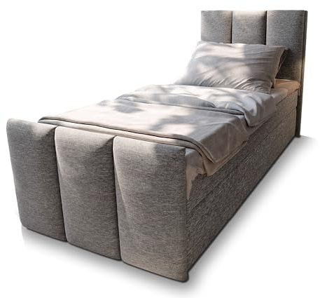 Masseno Boxspringbett LAGO 100 100x200 cm Komplett-Set mit Matratze und Topper, Polsterbett mit Zwei Bettkästen -Hellgrau, SAWANA 21