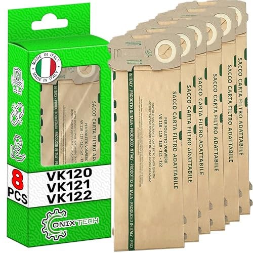 8 Pezzi Sacchetti per Aspirapolvere per Vorwerk Folletto VK 120 VK 121 VK 122 - MADE IN ITALY - Garanzia di 5 Anni - ONIX TECH