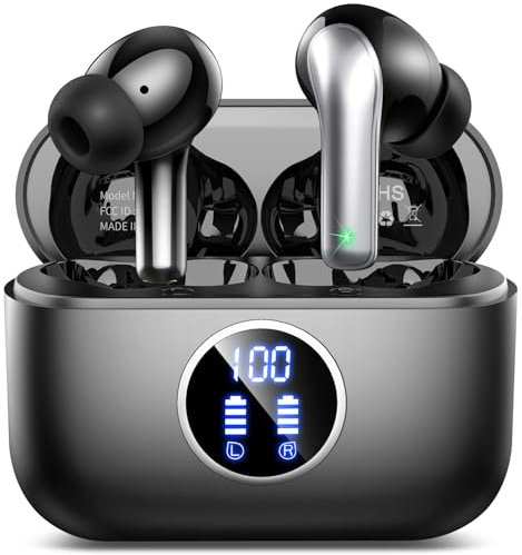 Wireless Earbuds, Bluetooth 5.3 Headphones with 4 ENC Noise Cancelling Mic, IP7 Waterproof Ear buds Wireless Earbuds, 48H Playtime, Hi-Fi Stereo Deep Bass Bluetooth Earphones, LED Display USB-C, Black