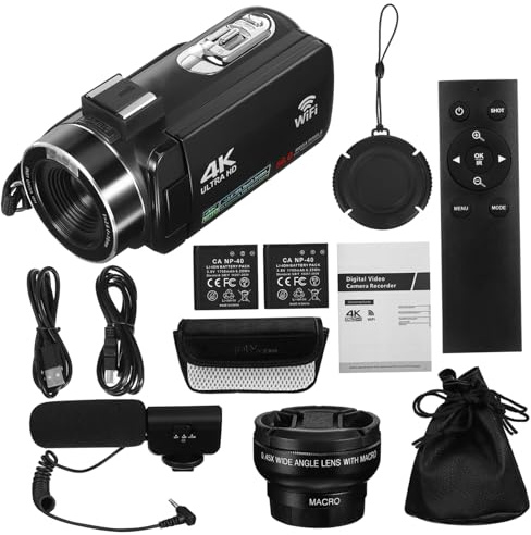 HOMSFOU Videokamera mit Touchscreen, 4k 30fps, 18-Fach Zoom, Schwarz | 3-zoll Ips Display, Eingebautes Mikrofon, Unterstützt bis 128 Gb, Mp4 und Bildformat