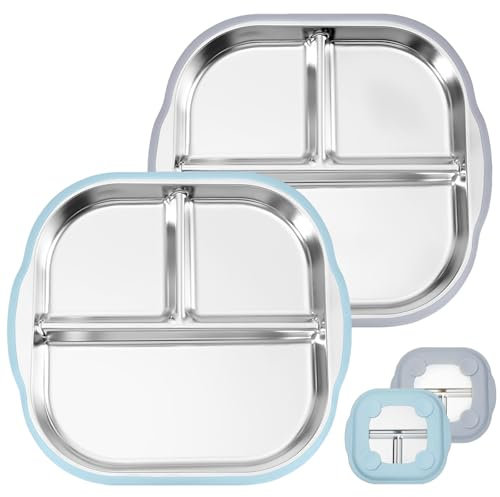 FloralGrace 2 Piezas de Platos para bebé con Ventosa, Platos divididos de Silicona y Acero Inoxidable para bebés, Bandeja de Metal 2 en 1 Antideslizante y Resistente (Azul, Gris)