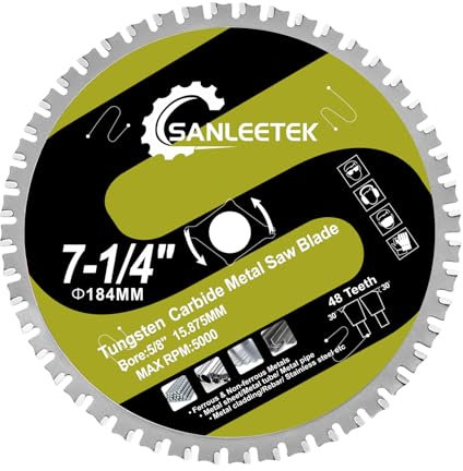 SANLEETEK Lame Scie Circulaire Métal - 184mm Disques à Tronçonner Carbure de Tungstène TCT pour Acier Fer Acier Inoxydable Métaux Ferreux Tube, Alésage 15,875mm, 48 Dents