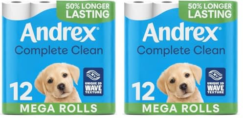 Andrex Complete Clean 12 Mega Toilet Rolls: 18 Standard Toilet Rolls, 50% Longer Lasting Paper with Unique 3D Wave Texture for a Proven, Effective Clean, FSC Certified (Pack of 2)
