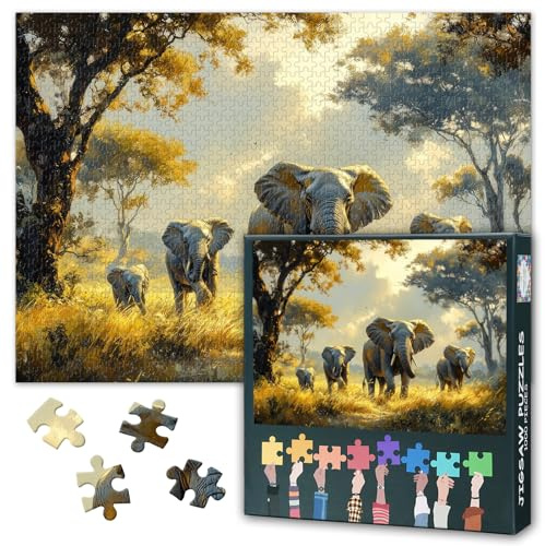Puzzle 1000 Teile Erwachsene - Elefanten Wandern durch die Graslandschaften1000 Teiles Puzzle für Erwachsene und Kinder ab 9 Jahren Puzzles Heimdekorationen Fertige Größe 50x70cm