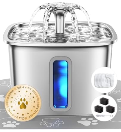 Veken Innovation Award Winner Stainless Steel Cat Water Fountain, 108oz/3.2L Automatic Pet Fountain Dog Water Dispenser with 3 Replacement Filters & Silicone Mat, Gifts for Cats, Dogs (Silver)