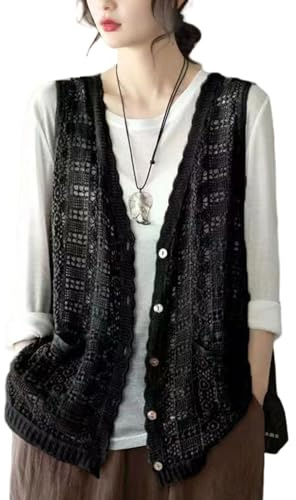 AZIDWERYQ Gilet en tricot pour femme style bohème sans manches floral ajouré au crochet décontracté col en V décontracté en tricot ample été ouvert cardigan pull noué sur le devant