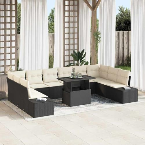 QZZCED Modernes Gartenmöbel-Set mit Kissen aus Polyrattan und Glastisch, Outdoor-Sitzgruppe mit versteckter Aufbewahrung und UV-beständigen Materialien