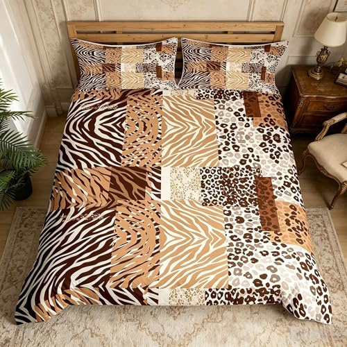 Tierhaut Kinder Bettdecke S Größe Beige Braun Retro Zebra Leopard Druck Geometrische Plaid Decken Abdeckung für Schlafzimmer ländliche Vintage hübsche Wildtier Haut Bettwäsche Set(1 Kissenbehälter)