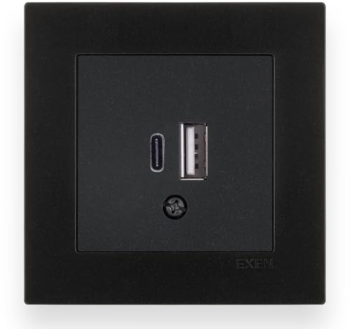 EXEN Prise Murale Double USB Type C et Type A Complète avec Cadre Simple KARELL Noir – Ensemble Cadre 1 Poste + Chargeur USB C et A (5V-3A / 9V-2,22A / 12V-1,62A) – All-in-One