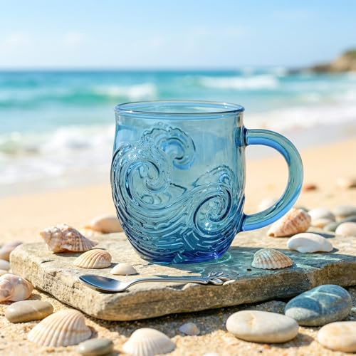 LIRONGTAGE Sea Glass Wave Coffee Mug, 400ml Ocean Wave Glass Mug with Handle & Spoon, Cute Sea Wave Design Textured Beach Theme Mugs for Coffee, Tea, Wine, Unique Gift for Women, Ocean Lovers