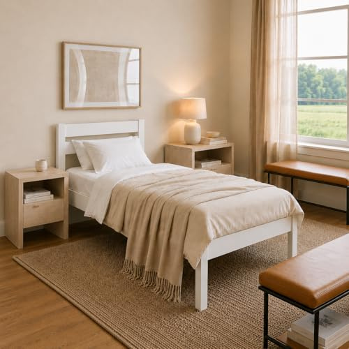 ESTADESIGN Standard Einzelbett – Hohes Holzbett 90x200 cm (Weiß), ohne Lattenrost – Massivholzbett mit Kopfteil I Birkenholz I FSC®-Zertifiziert | Skandinavisches Design | Emissionsarm