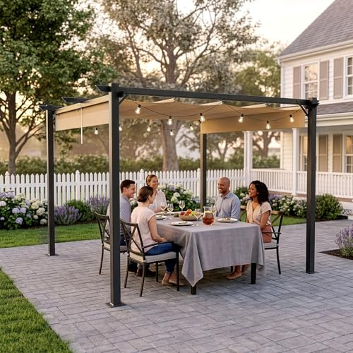 LEADZM Pergola 3x3m Stabil, Freistehende Pavillon,Rostbeständigem Metallrahmen,verstellbarem Schiebedach, Wasserdicht & UV-Schutz,Gartenpavillon für Garten, errasse und Feiern (Khaki, 3x3 m)