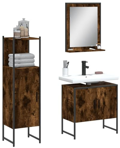 Générique Badezimmerschrank-Set, 3-teilig, Raucheiche, Aufbewahrungsmöbel mit Spiegel und Regal, pulverbeschichteter Stahl und Holz, großer Platz für Gegenstände