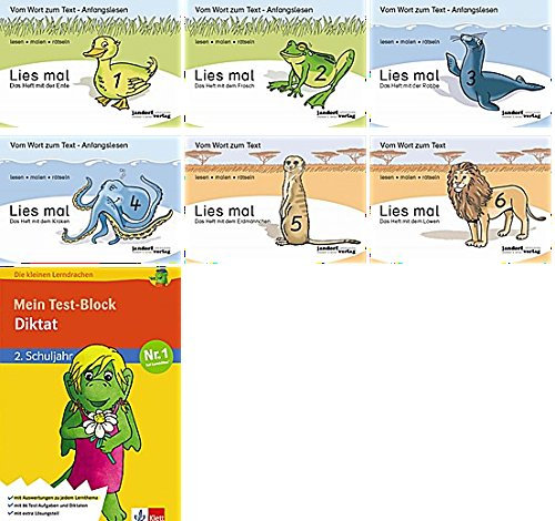 Lies mal Heft 1 Ente, 2 Frosch, 3 Robbe, 4 Krake, 5 Erdmännchen, 6 Löwe neue Version u Die kleinen Lerndrachen: Mein Test-Block - Diktat, Deutsch 2. Klasse