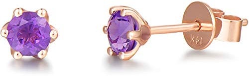 Solid 14 Carat 585 Rose Gold Small Stud Earrings with Genuine Natural Amethyst Jewellery for Ladies Girls Mum - Diameter: 5 mm