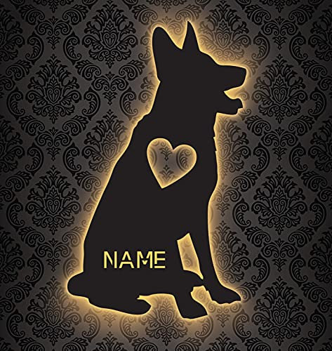 LEON - FOLIEN DOG Schlummerlicht Hund personalisiert mit Name Led Lasergravur aus MDF Holz Nachtlicht Geschenk Wandschild Deko Lampe - Schäferhund - in 7 Farben