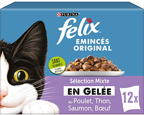 FELIX Gelee gehackt | ausgewachsene Katze | Auswahl an Rind, Lachs, Huhn, Thunfisch | 12 x 85 g | Frischebeutel