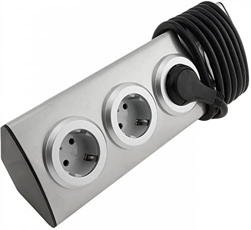 Möbel-Steckdose 4-fach silber für Küche & Büro - Mehrfachsteckdose vertikale & horizontale Montage mit 1,9m Kabel als Küchensteckdose - Ecksteckdose Steckdosenleiste