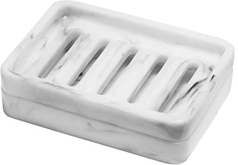 Shinowa Jabonera de Resina, Caja de Jabón de Baño, Bandeja Cuadrada de Doble Capa con Agugeros de Drenaje, Accesorios de Ducha, Mantener Seco y Limpio, para Lavabo Bañera Cocina, Mármol Blanco